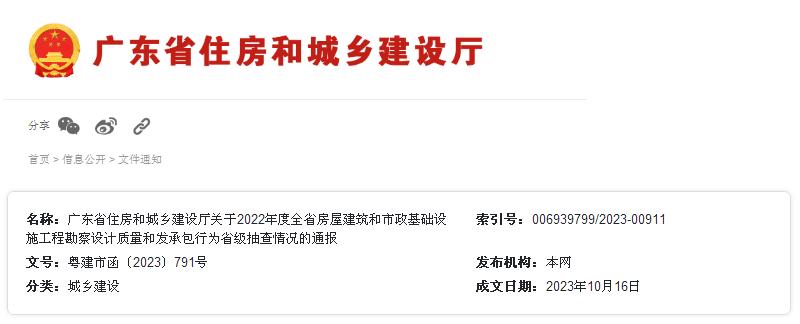 广东省住房和城乡建设厅关于2022年度全省房屋建筑和市政基础设施工程勘察设计质量和发承包行为省级抽查情况的通报