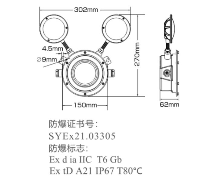 N-ZFJC-E6W-EX8238 防爆防水6瓦双头灯外观尺寸