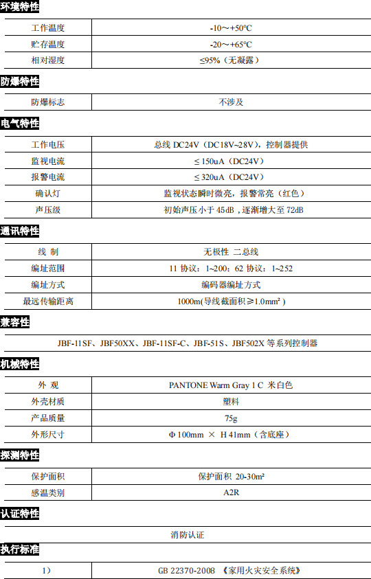 JBF5112点型家用感温福建火灾探测器