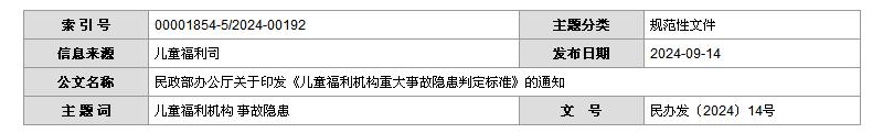 民政部辦公廳關(guān)于印發(fā)《兒童福利機(jī)構(gòu)重大事故隱患判定標(biāo)準(zhǔn)》的通知