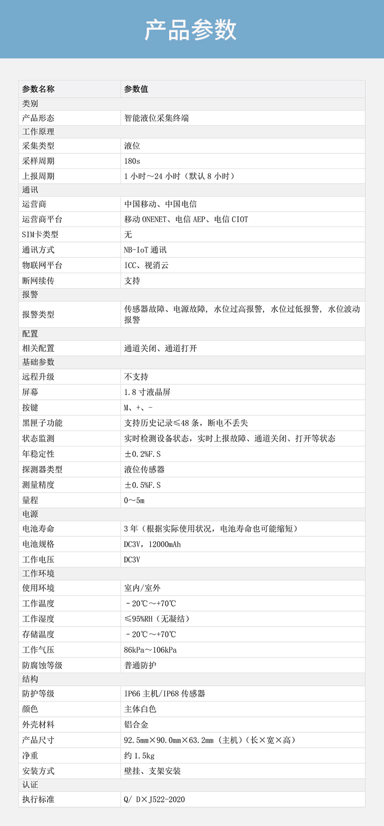 DH-HY-WSM20NB-L一体式智能液位采集终端技术参数