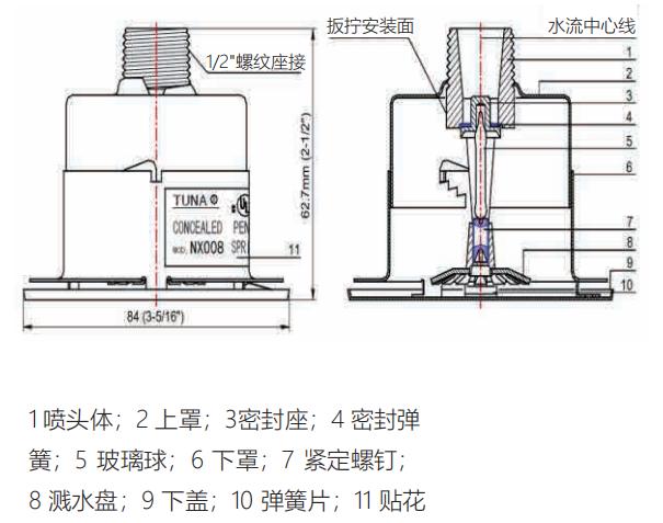 NX007 NX008 隐蔽型喷头结构尺寸